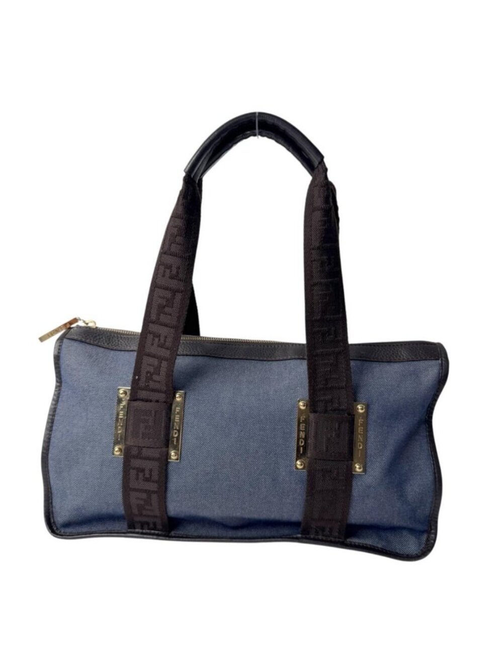 Fendi Zucca Denim Boston Bag Blue Brown